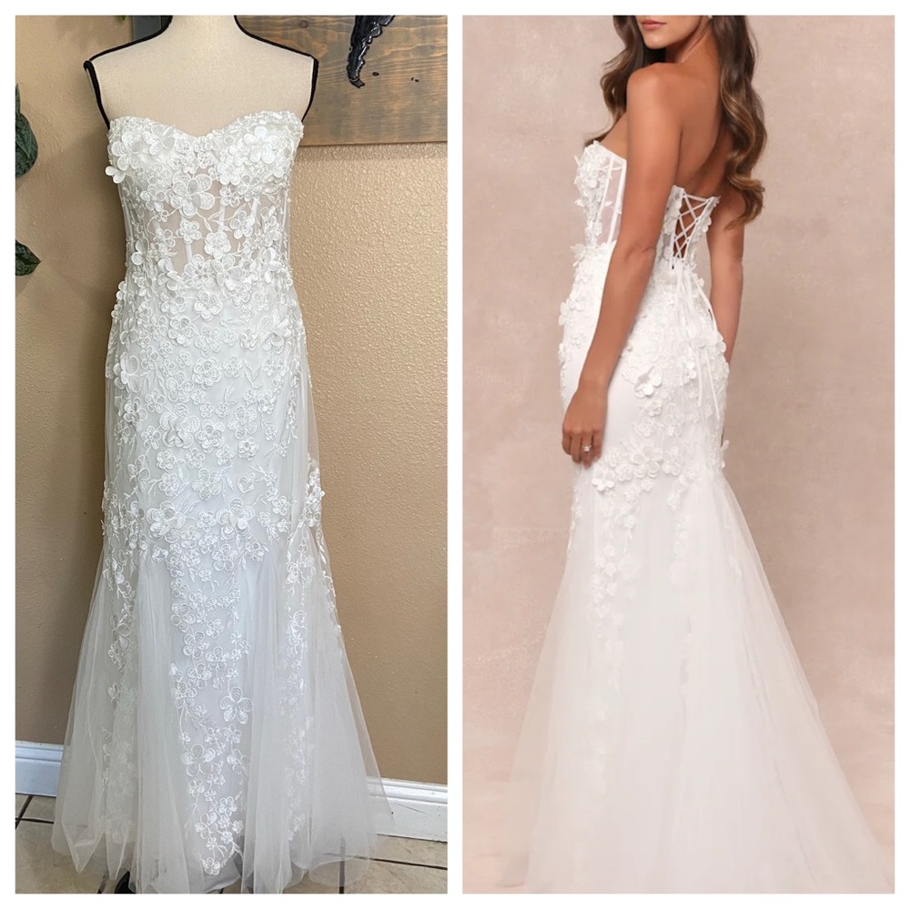 NWOT Lulus Adoring Bliss White Tulle Strapless Lace-Up Mermaid Maxi Dress
